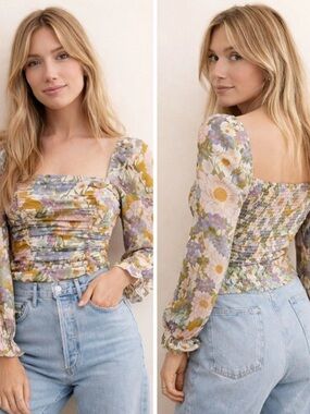 Astr Floral Square-Neck Smocked Blouse